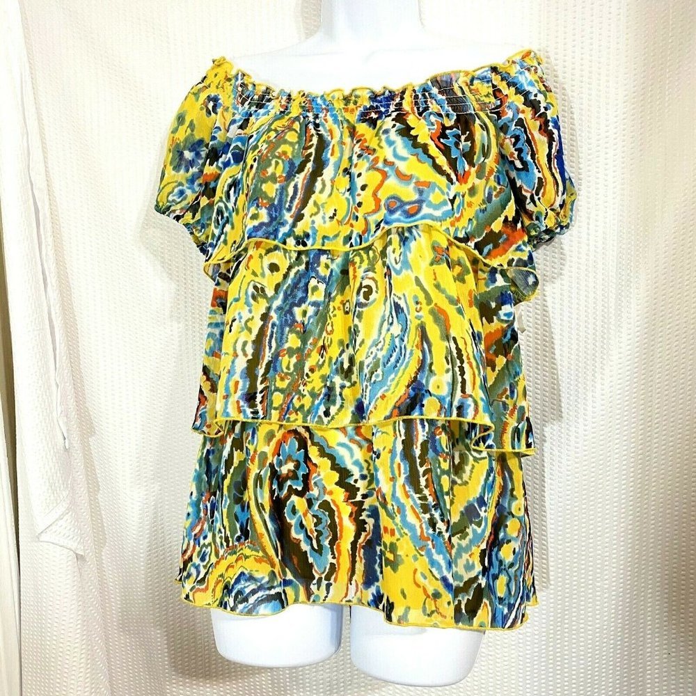 Colorful Off Shoulder Short Sleeve Ruffled Top - Picture 1 of 6